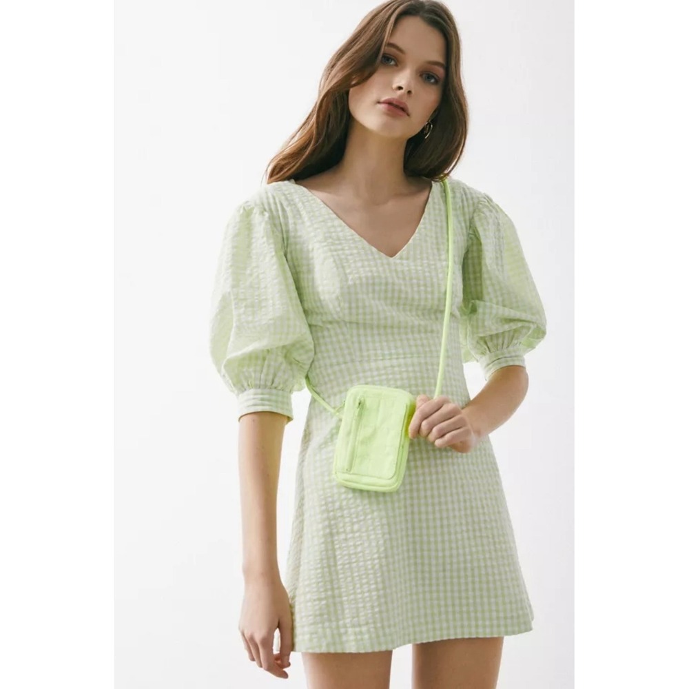 Urban Outfitters Green Gingham Puff Sleeve Mini Dress